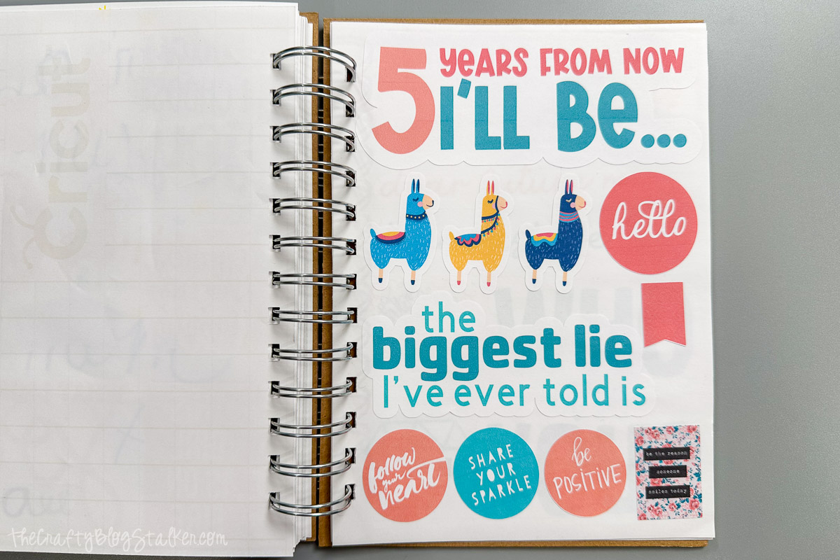 A journal page decorated with colorful stickers, including llamas, text like "5 Years From Now I'll Be..." and "The biggest lie I've ever told is," along with motivational phrases.