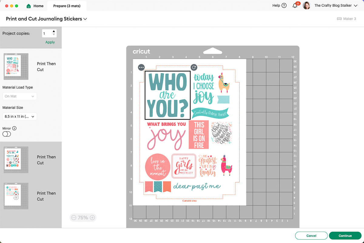 Cricut Design Space mat preview screen showing a set of colorful print and cut journaling stickers with motivational quotes and llamas, ready for cutting.