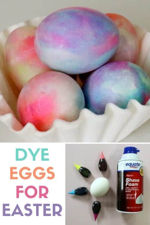 title image for how to dye eggs for easter with a bowl of dyed eggs and another image of shaving cream and food coloring bottles
