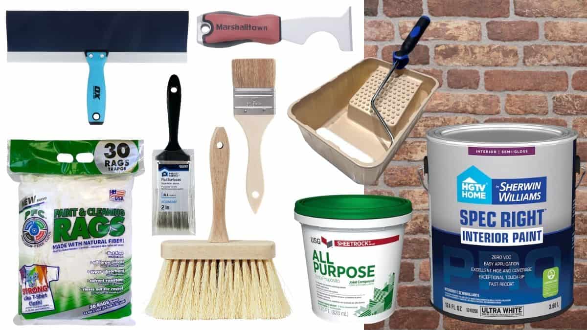 Collection of tools and supplies for creating a faux brick wall, including paint, joint compound, roller tray, brushes, scraper, broom, rags, and trowels.