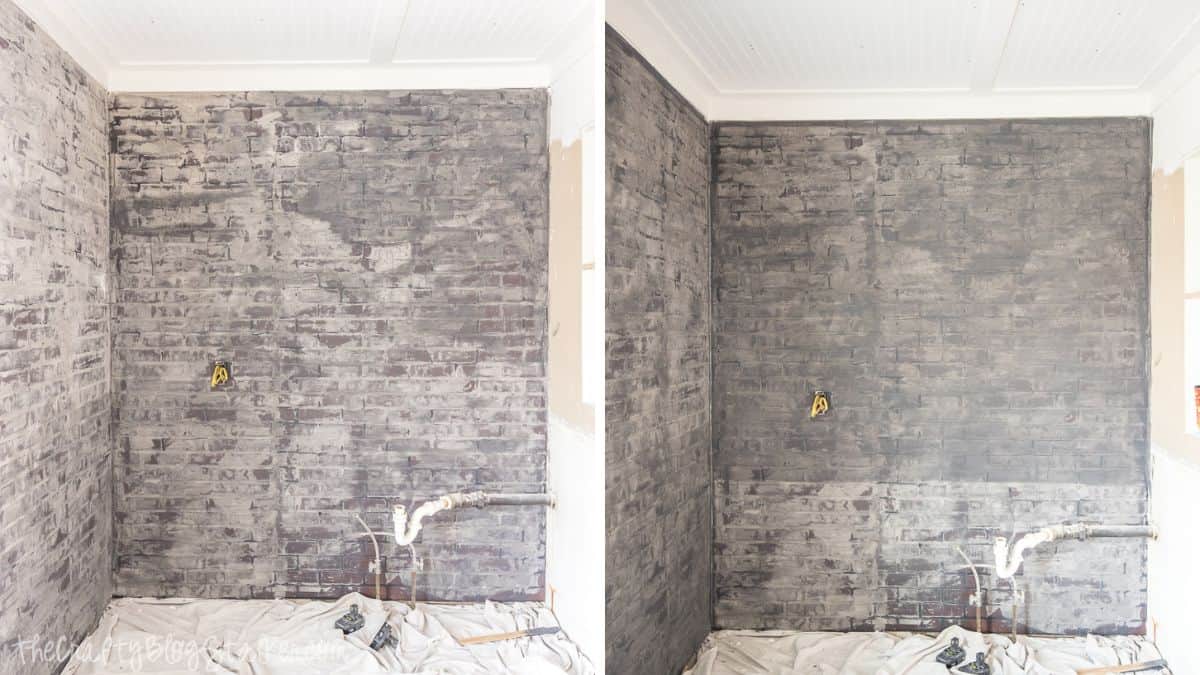 Before and after view of a faux brick wall makeover, showing a brick wall coated and finished to create a softened, aged brick look in a small room.