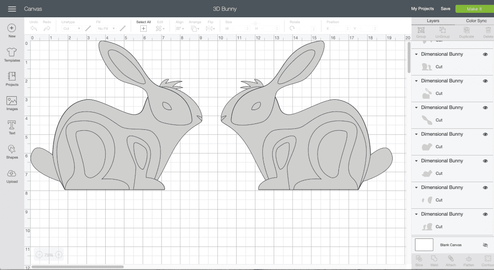 screenshot of cricut design space and 3d bunny make it now project
