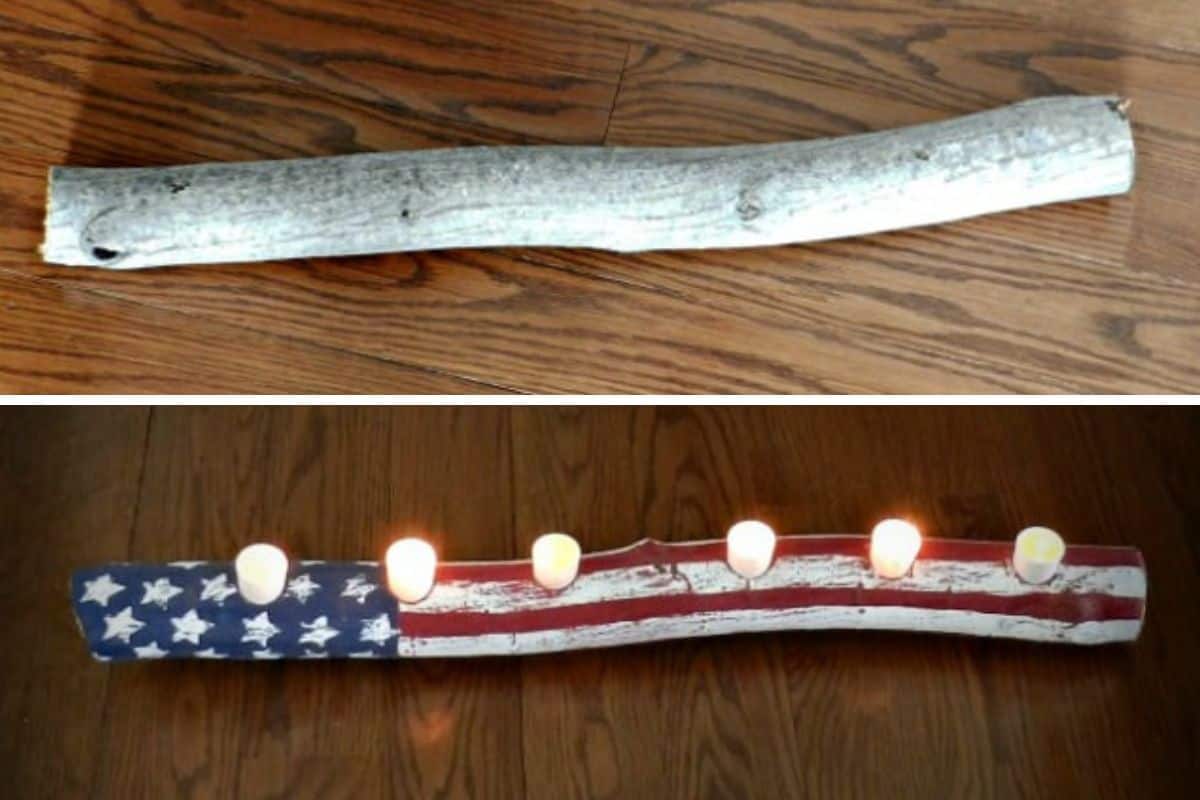 A log candle with red, white and blue stars and stripes.