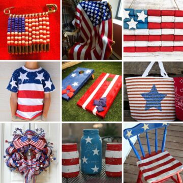 Collage with 9 American flag crafts.