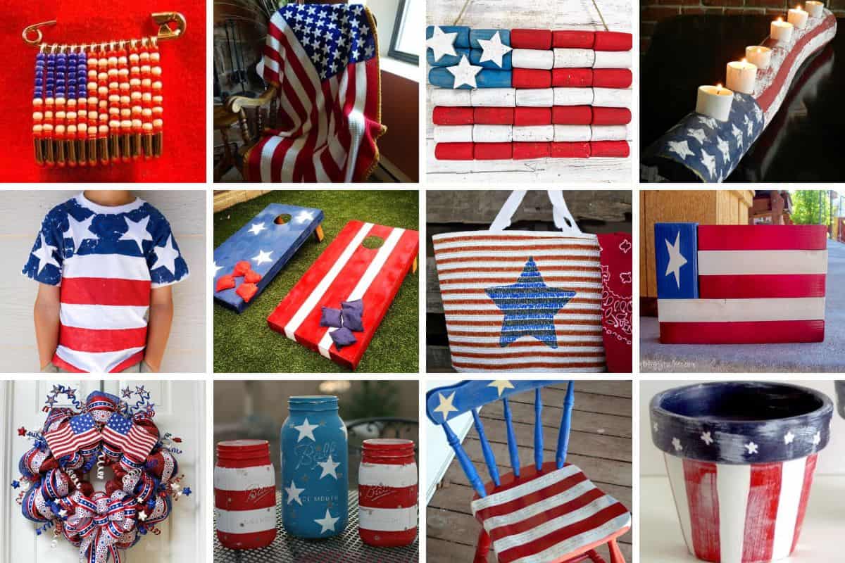 Collage with 12 American flag crafts.