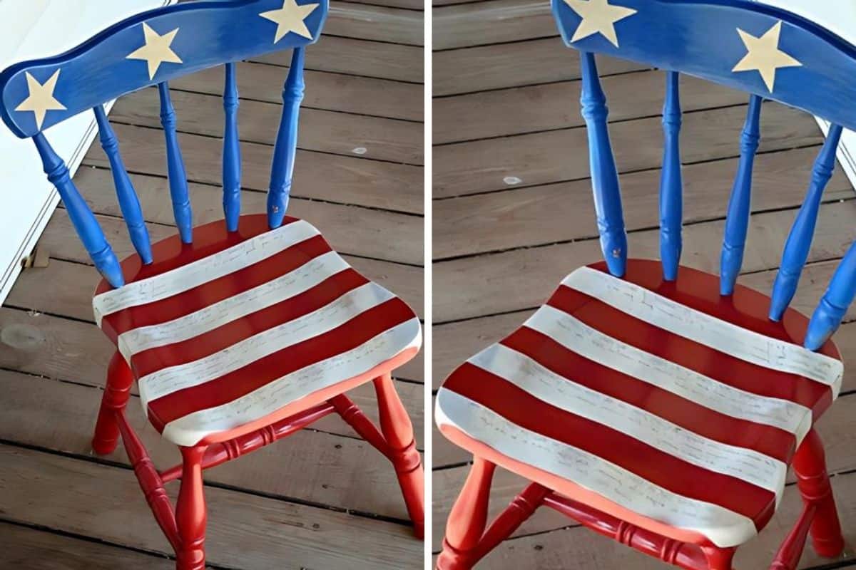 Collage with two views of a hand-painted stars and stripe chair.