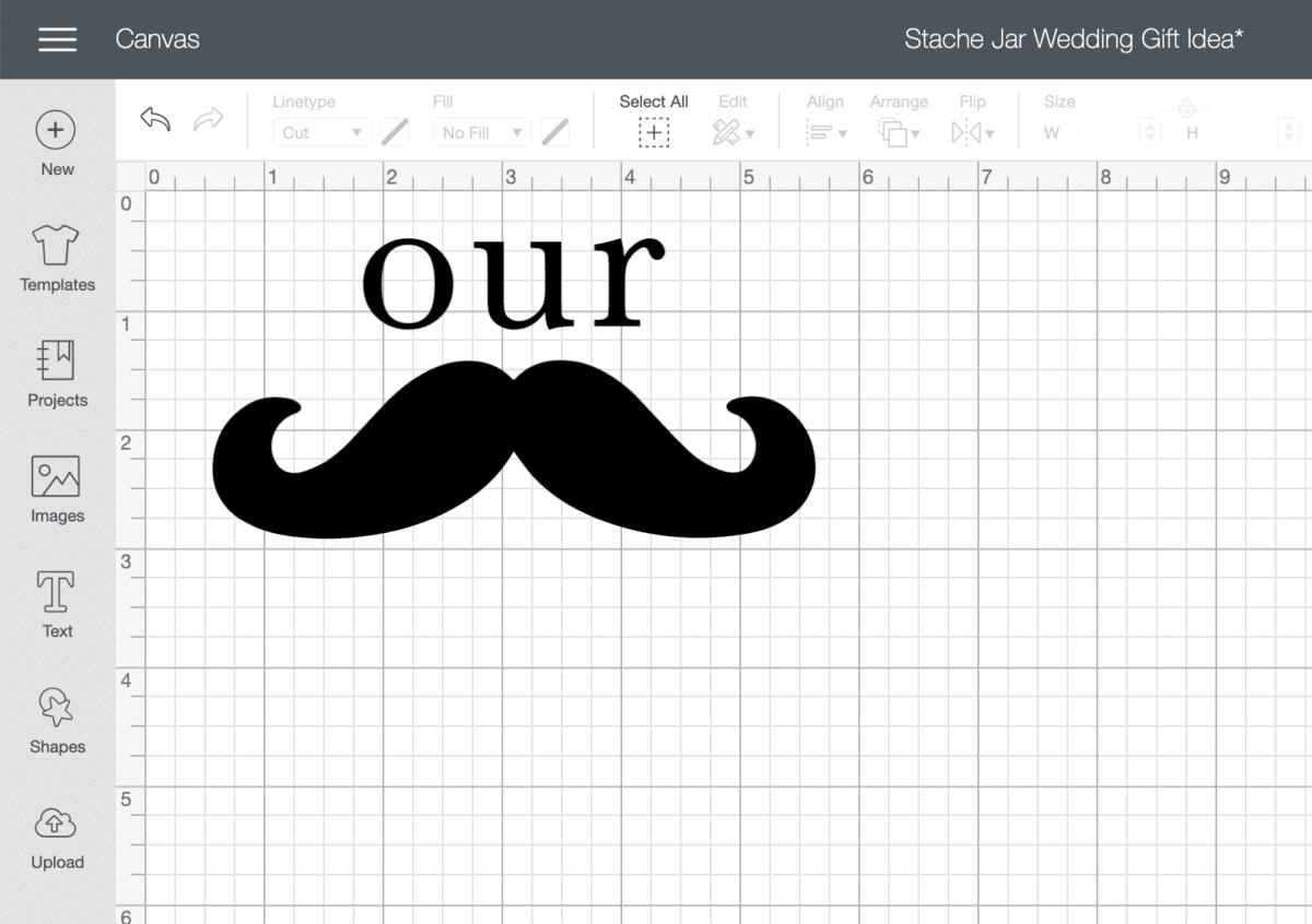 Screenshot of the "our stache" design in Cricut Design Space.