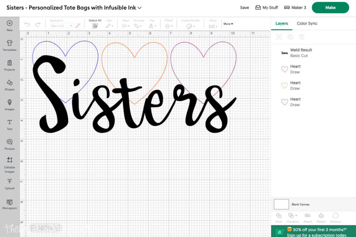 Cricut Design Space screen shot of the project.