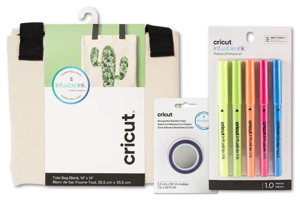 Cricut Infusible Ink Tote Bag, Heat Tape, and markers. 