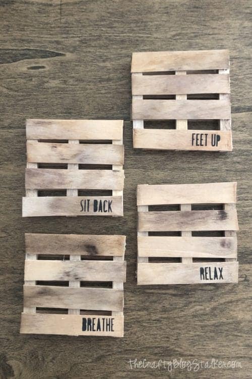finished mini pallet coasters with words