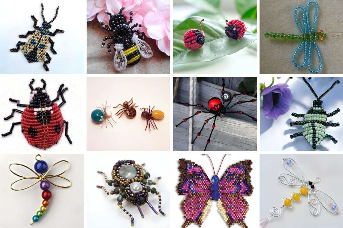 Collage with 12 handmade beaded bugs.