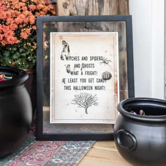 Pumpkin and fall flowers on wooden log with Halloween sign and candy bowls for autumn decoration.