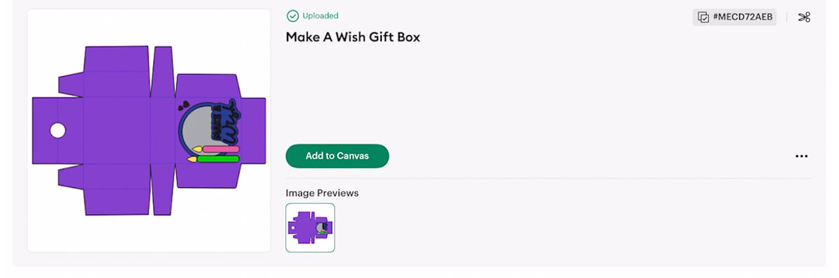 Screenshot of Cricut Design Space showing a purple “Make A Wish” gift box template with preview and similar box design options below.