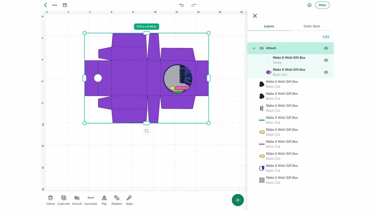 Cricut Design Space screenshot showing a purple “Make A Wish” gift box template with score lines attached, and the layers panel on the right.