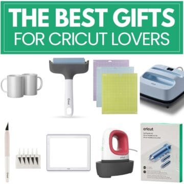 Flat lay collage of Cricut gift ideas including cutting mats, scraper tool, mugs, BrightPad, EasyPress, foil transfer kit, and crafting tools arranged under a title.