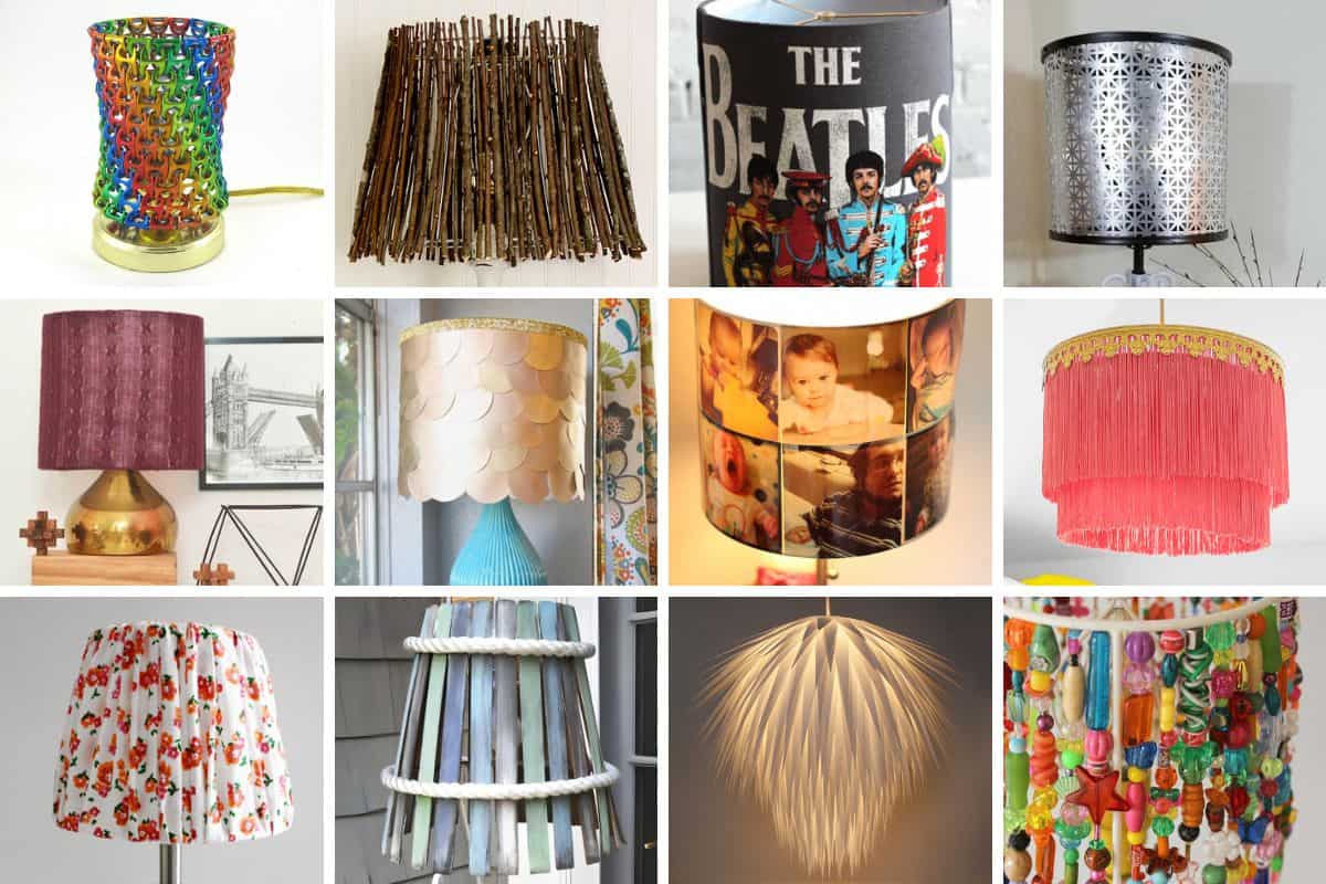 Collage with 12 handmade lampshades.