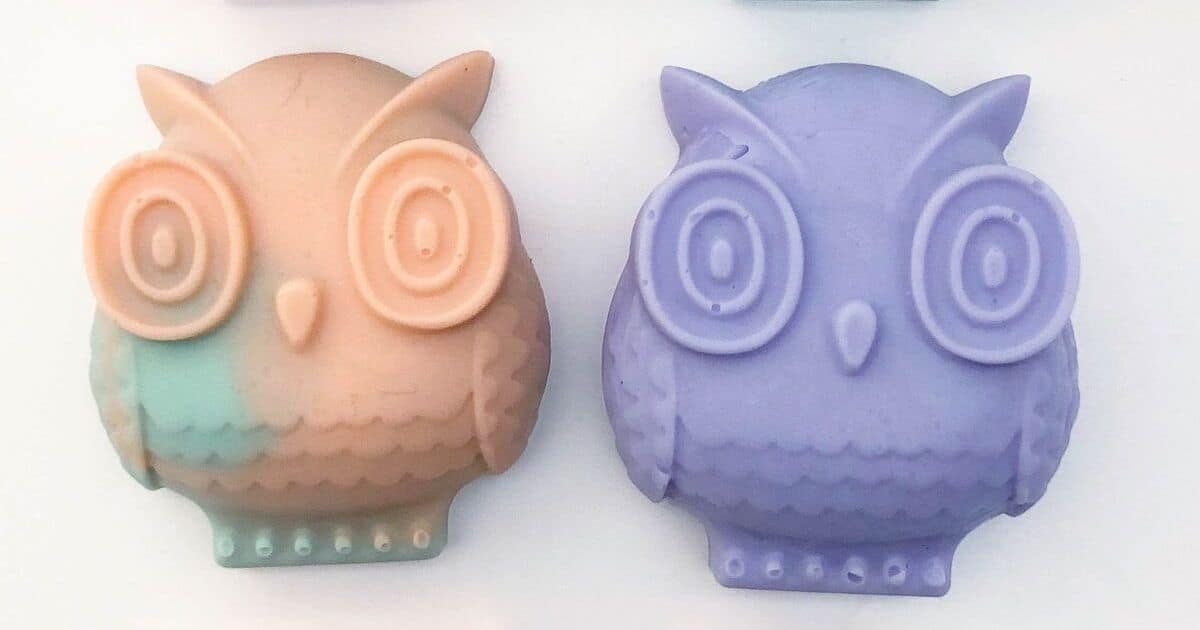 Two owl soaps made with a soap mold.