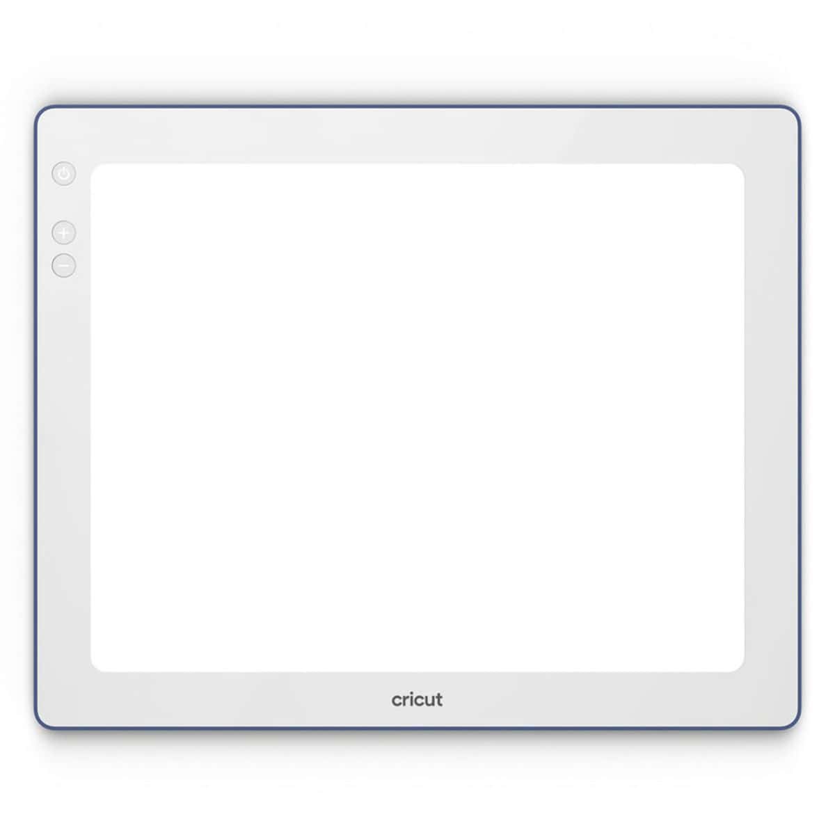 A Cricut BrightPad Go lightbox with a white frame and simple side buttons, designed to illuminate projects for tracing, weeding, and detailed craft work.