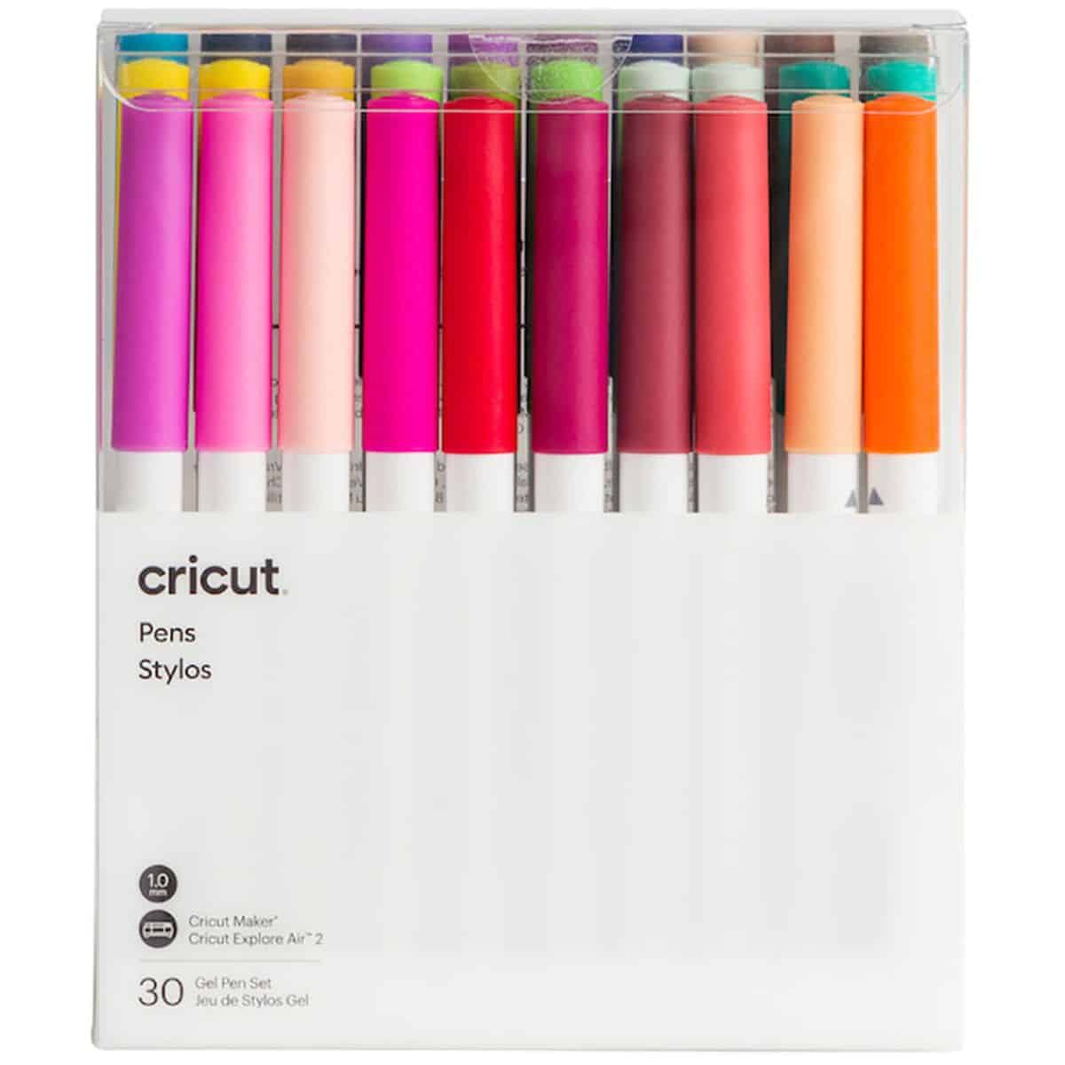 A packaged set of Cricut pens featuring 30 colorful gel pens arranged in rows, designed for use with Cricut Maker and Cricut Explore Air 2 machines.