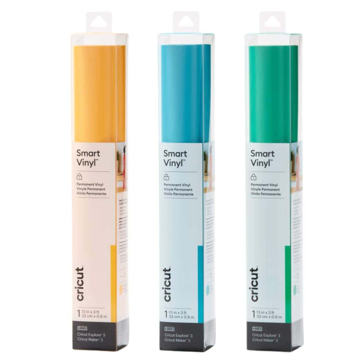 Three rolls of Cricut Smart Vinyl in yellow, blue, and green, each packaged in clear rectangular boxes labeled as permanent vinyl for Cricut machines.
