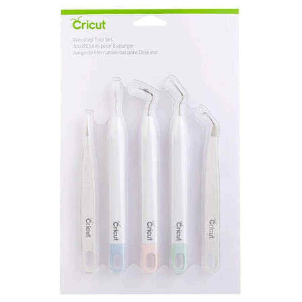 A packaged Cricut weeding tool set featuring five white-handled tools with angled metal tips, designed for removing excess vinyl and iron-on material.