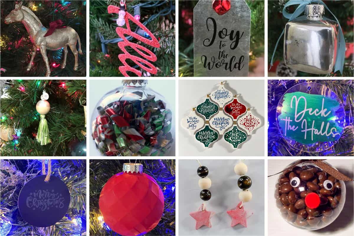 Collage image of 12 different handmade christmas ornaments.