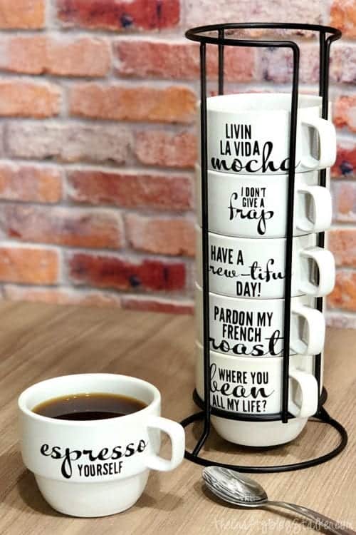 20 Fun DIY Coffee Mugs featured by top US craft blog, The Crafty Blog Stalker: Stackable Mugs with Coffee Puns