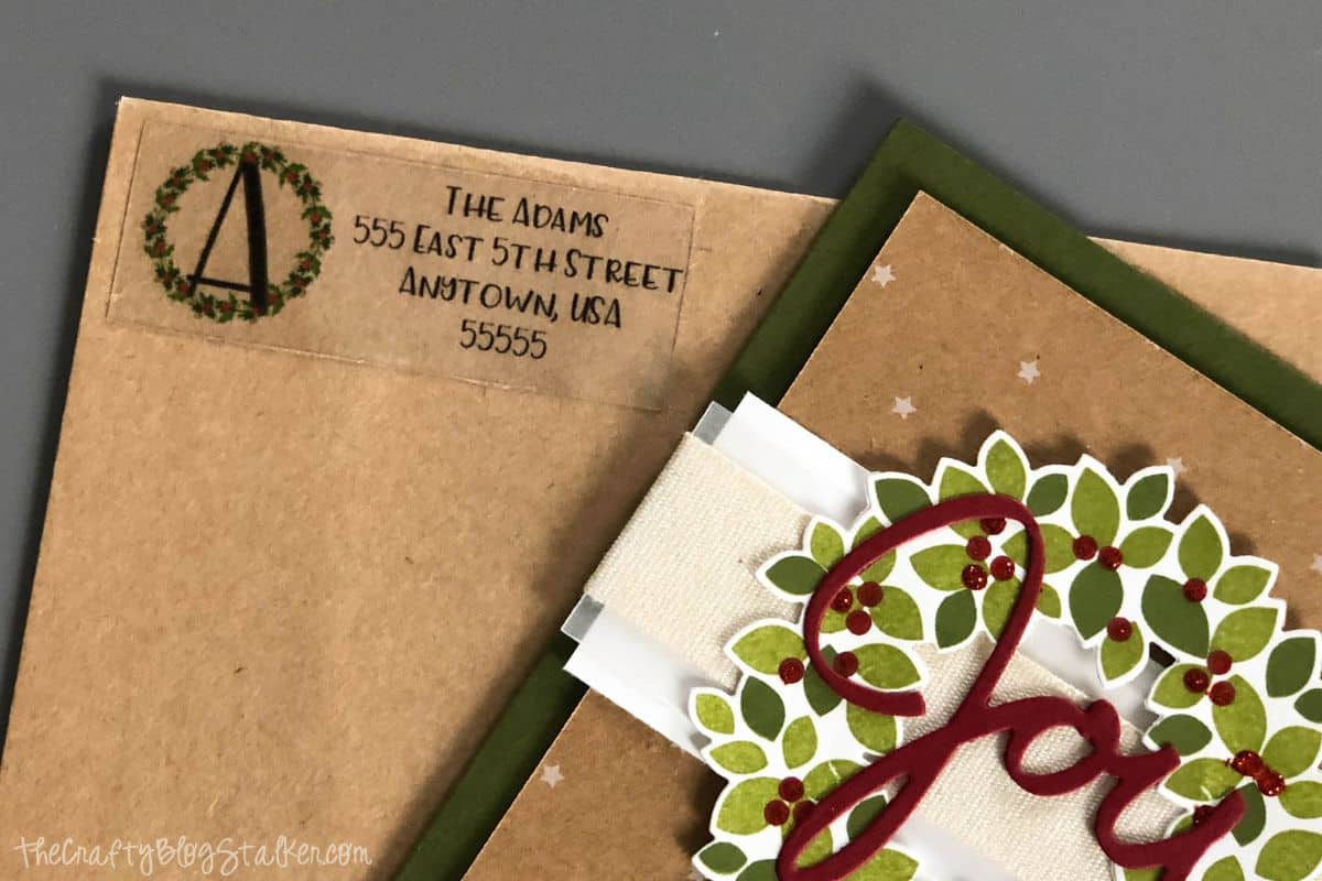 Custom return address label on an envelope.