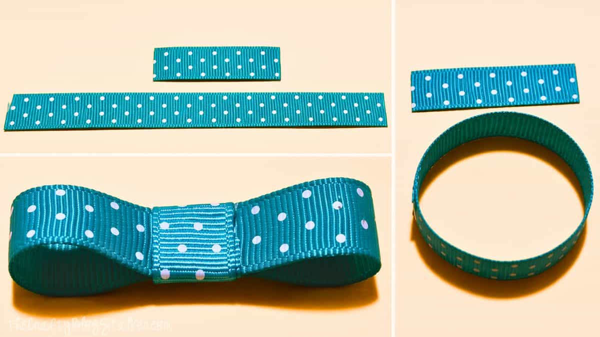 Teal polka dot ribbon cut pieces, formed loops, and a finished bow shown in step-by-step arrangement on a plain background.