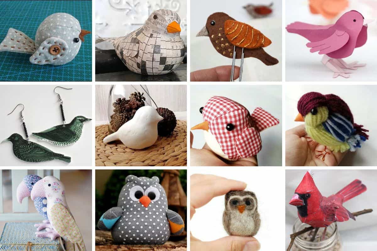 Collage image with 12 DIY Bird Crafts.