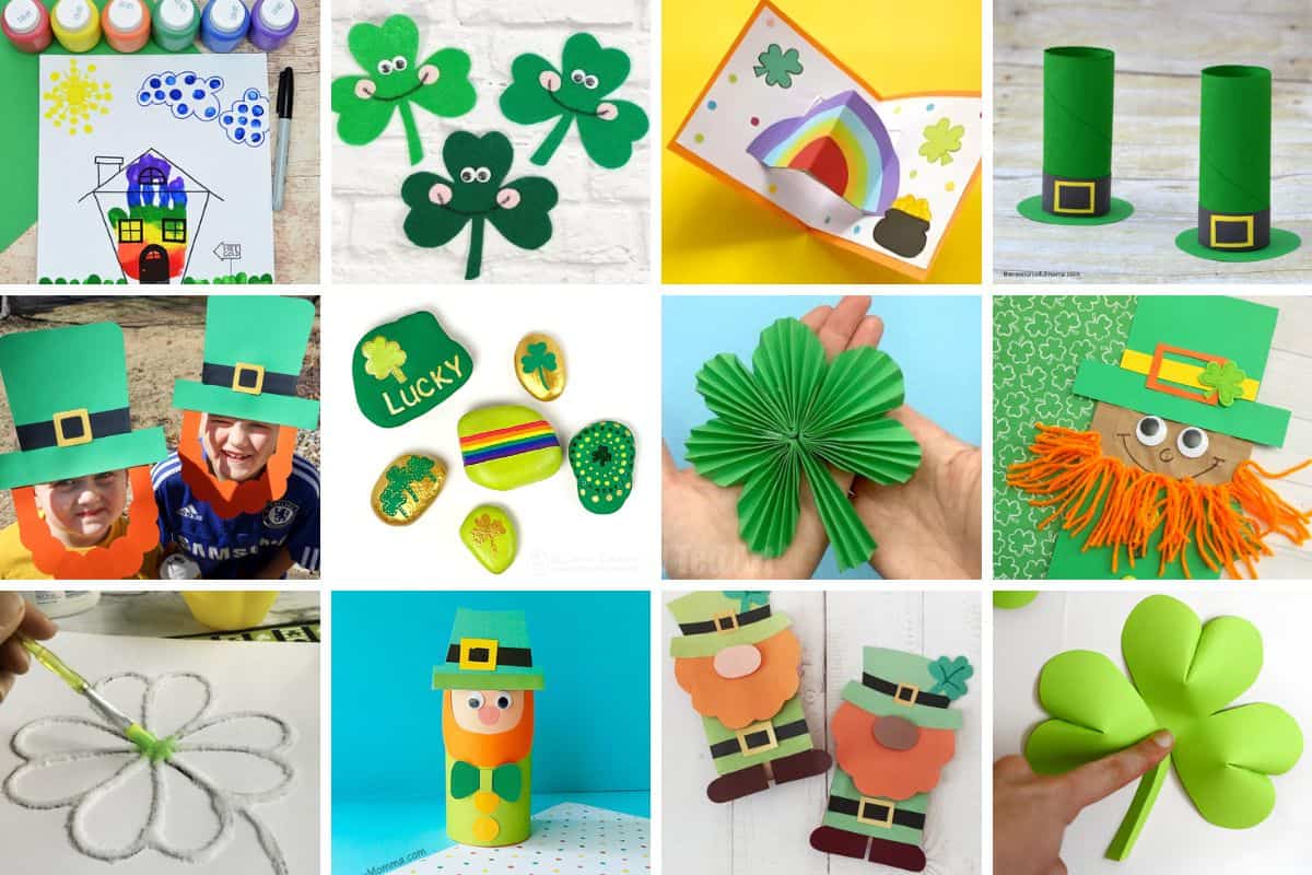 Collage with 12 St. Patrick's Day crafts for kids.