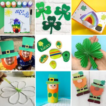 Collage with 9 St. Patrick's Day crafts for kids.