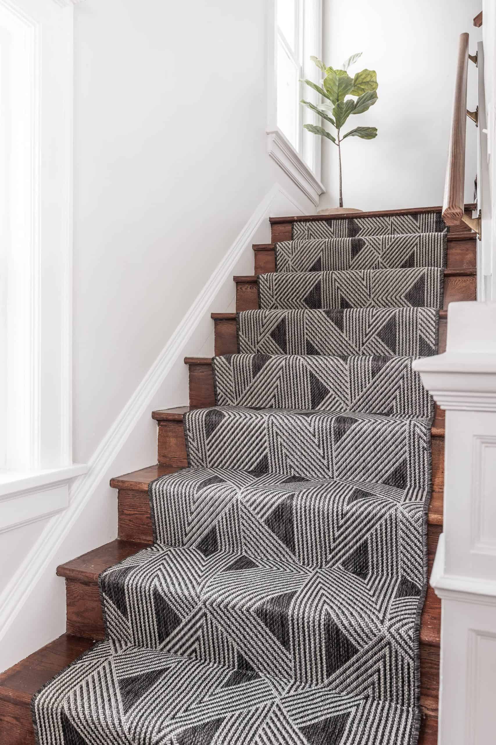 Staircase with a geometric patterned stair runner and a potted plant at the top.