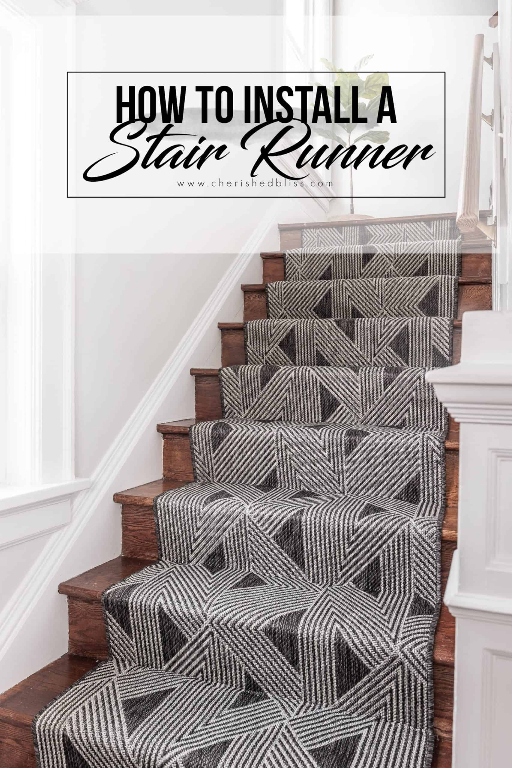 Staircase with a geometric patterned stair runner for home decor.