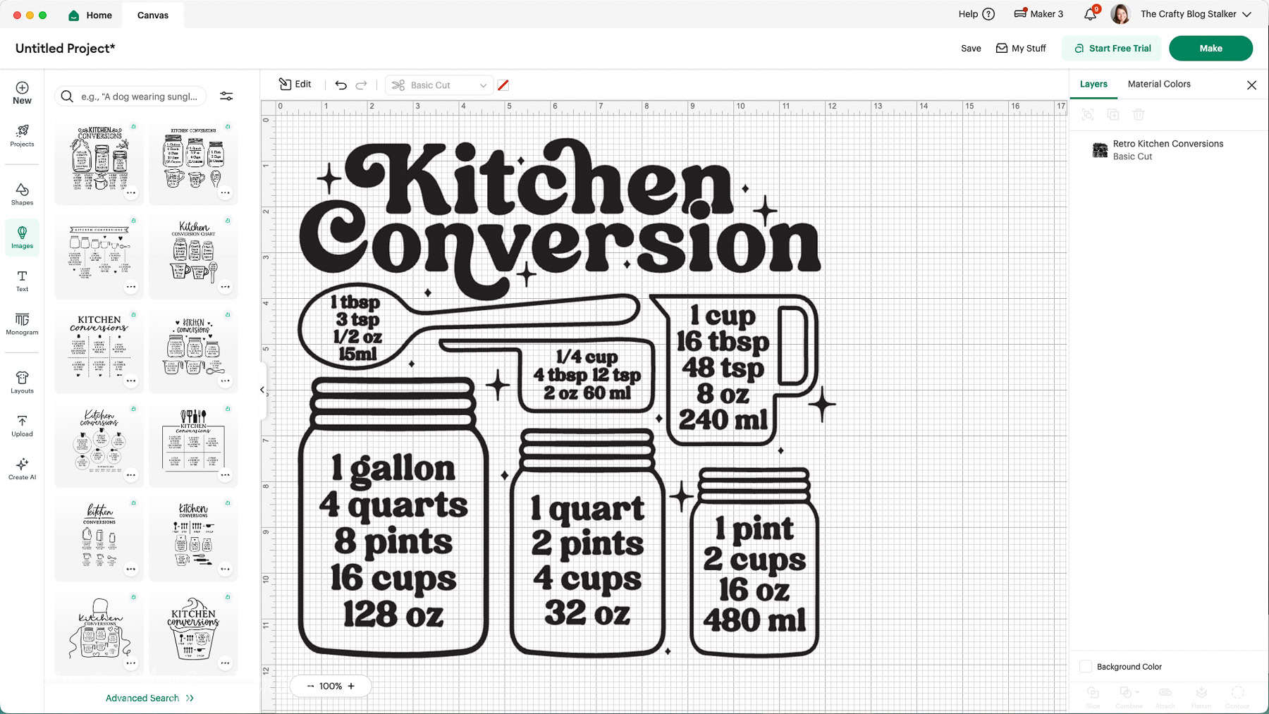 Cricut Design Space screen showing a kitchen conversion chart design with jars, measuring spoon, and cup graphics for a vinyl wall decal project.