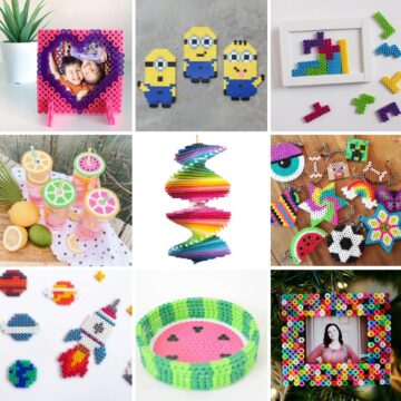 Collage with 9 perler bead crafts.
