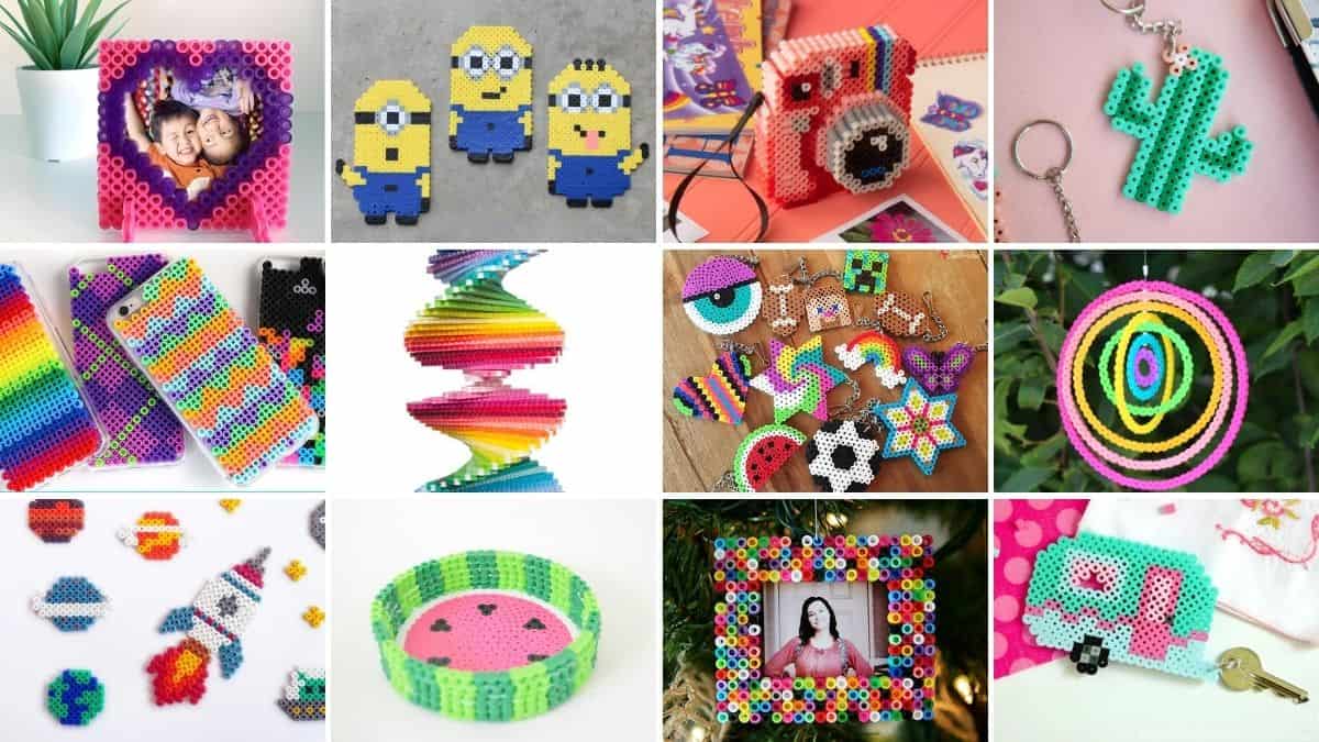 Collage of colorful Perler bead crafts including phone cases, keychains, picture frames, and 3D designs in fun shapes and bright patterns.