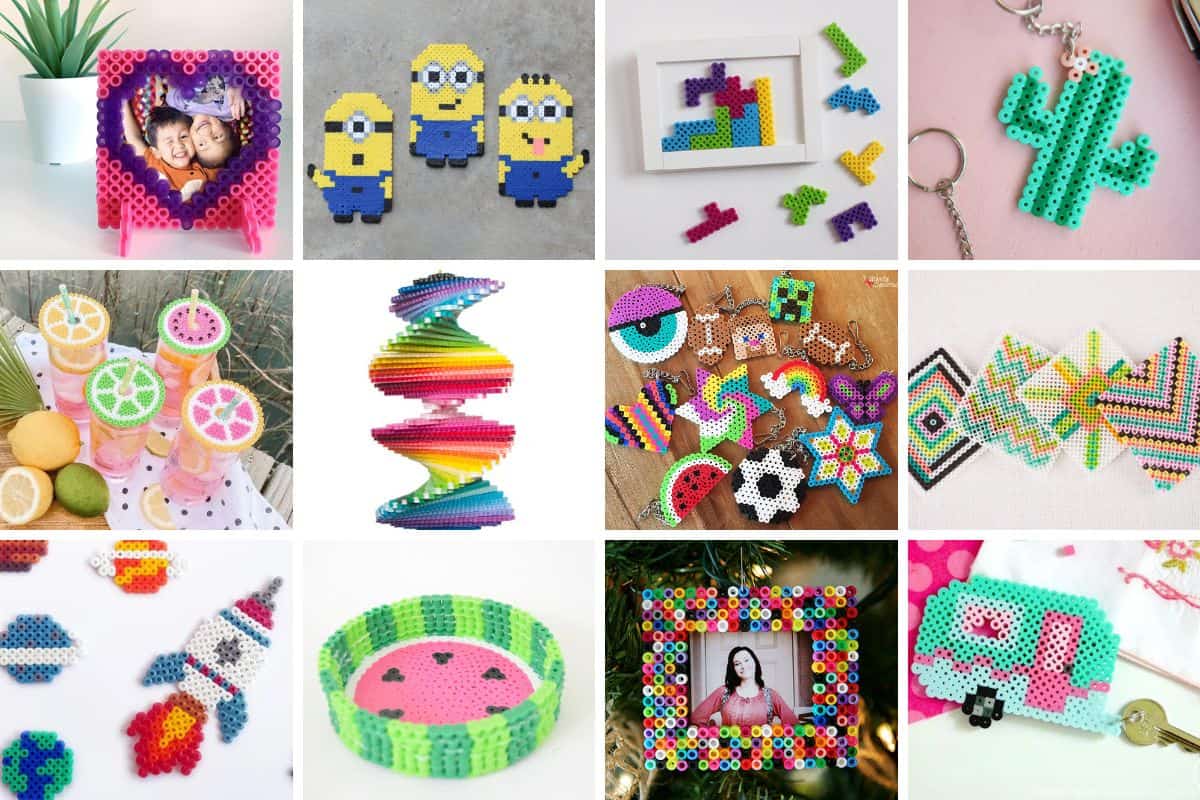 Collage with 12 perler bead crafts.