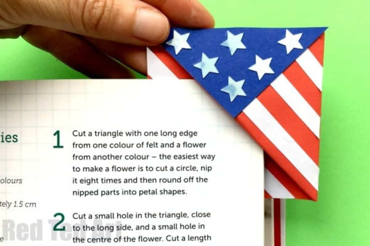 American Flag Bookmark on the corner of a page.