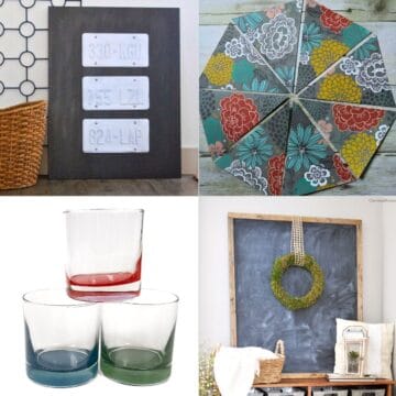 Collage of DIY home decor crafts including license plate art, a floral wall piece, colorful glasses, and a chalkboard wreath display.