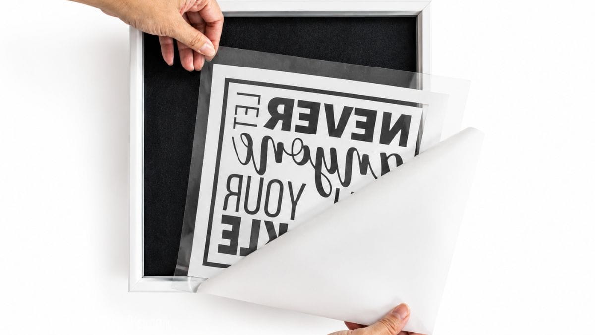 Hands peeling away the transfer tape from the vinyl design.