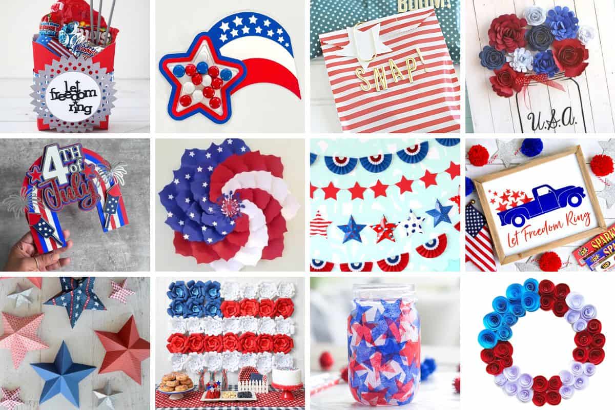 Collage with 12 patriotic paper crafts.