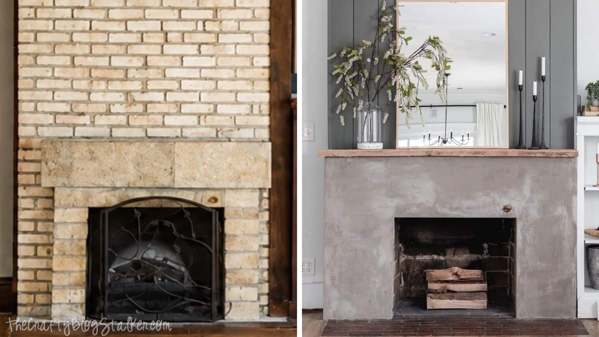 Before and after comparison of a brick fireplace transformed into a modern concrete fireplace with a wood mantel and vertical shiplap accent wall.