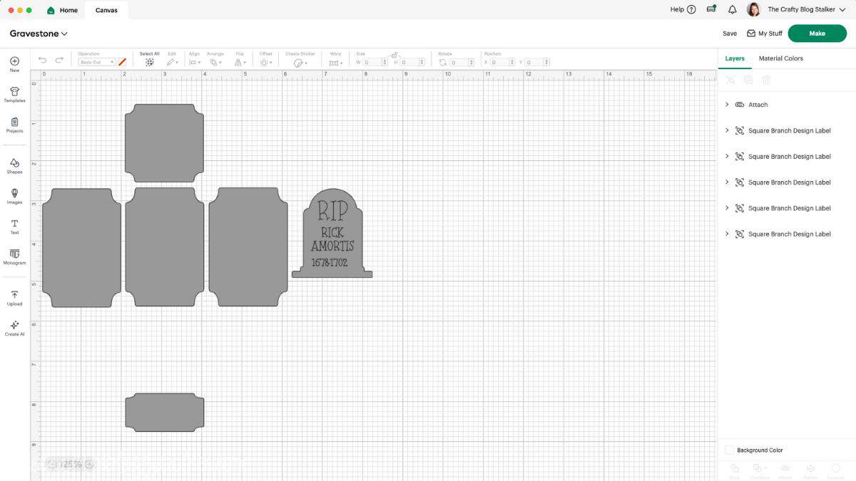 Cricut Design Space screenshot showing gray gravestone box cut file pieces with text reading 