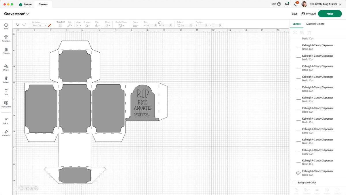 Cricut Design Space screenshot showing a gray gravestone-shaped candy dispenser template labeled 