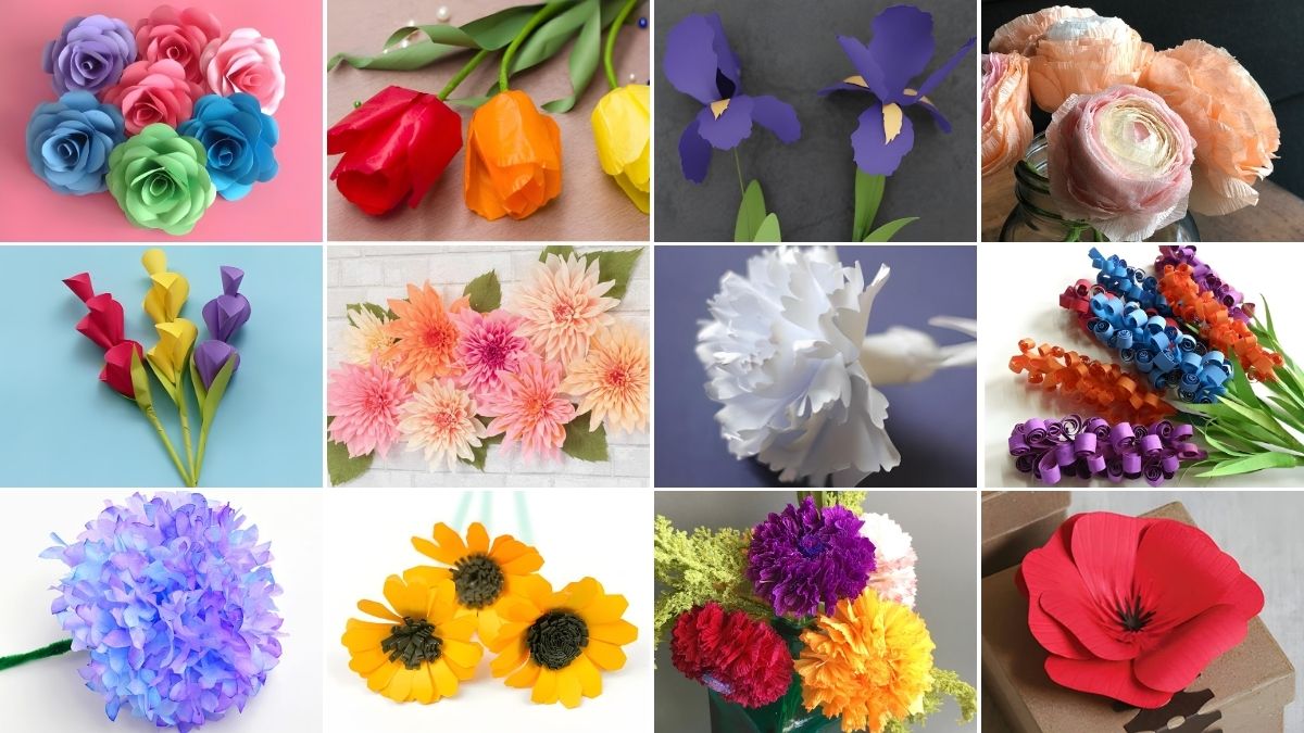Collage of colorful handmade paper flowers, including roses, tulips, irises, carnations, hydrangeas, sunflowers, and poppies.