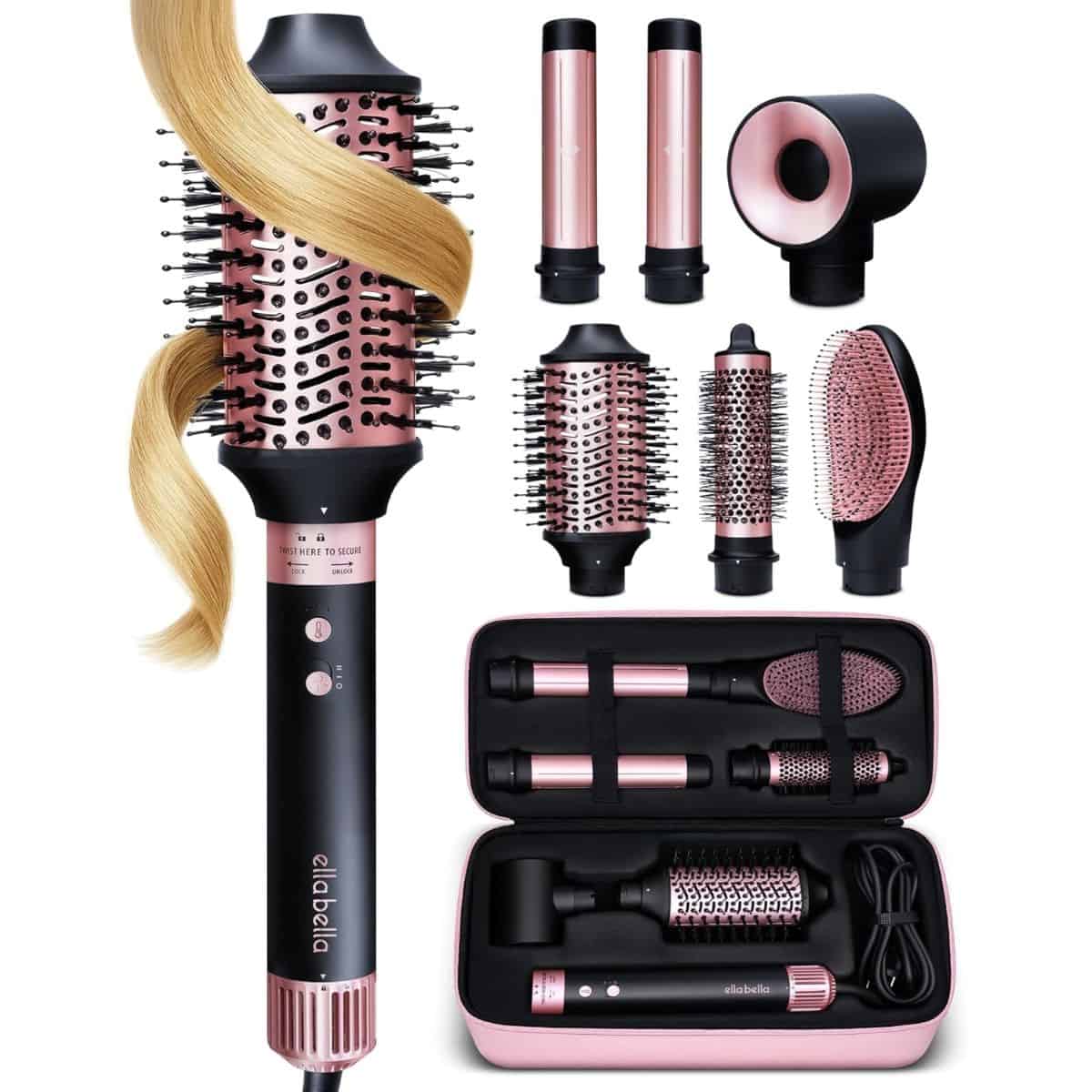6-in-1 professional hot air styler set with multiple brush and barrel attachments for drying, curling, straightening, and volumizing hair, shown with storage case.