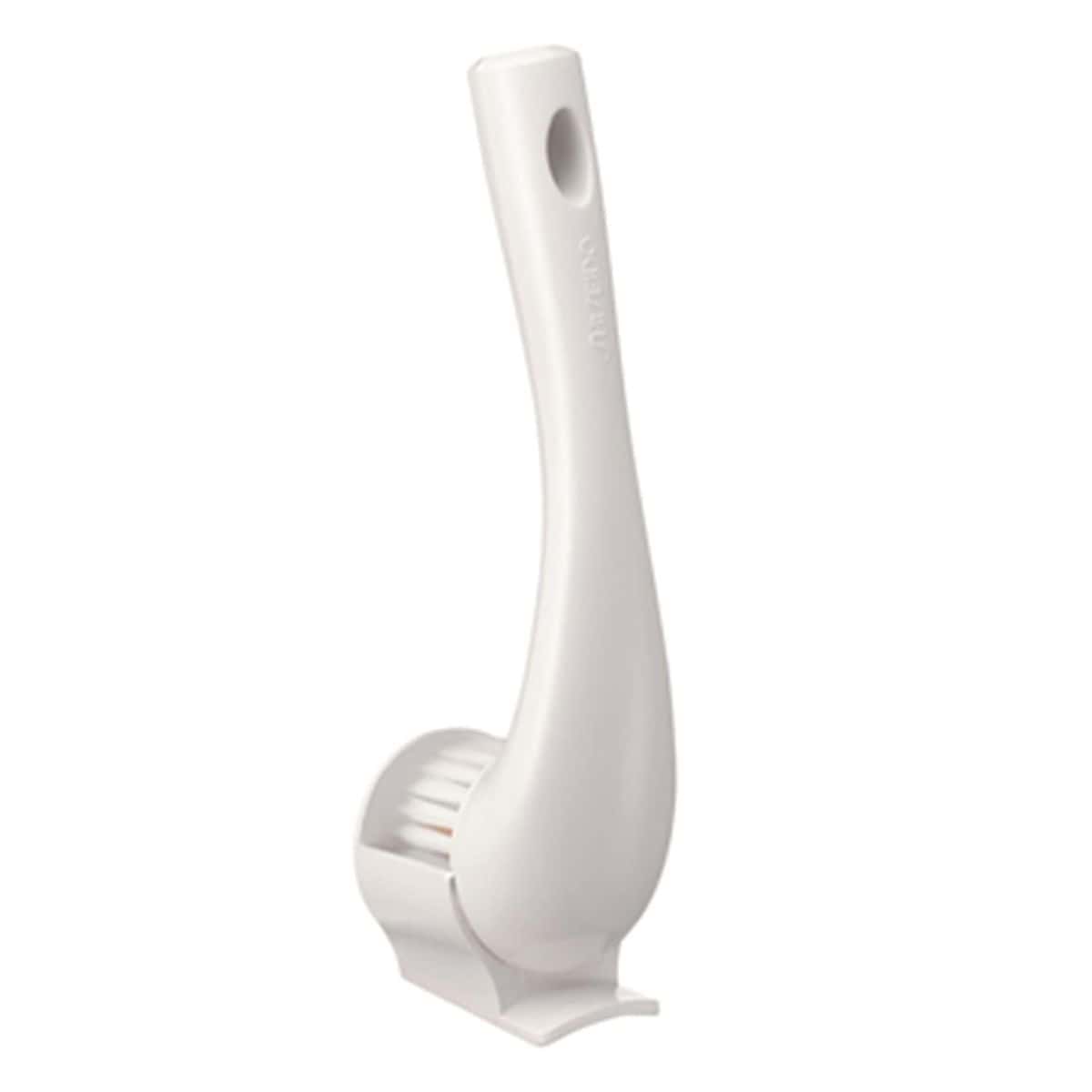 White cleansing facial massage brush with a curved handle and soft bristles, designed for gentle exfoliation and deep facial cleaning.