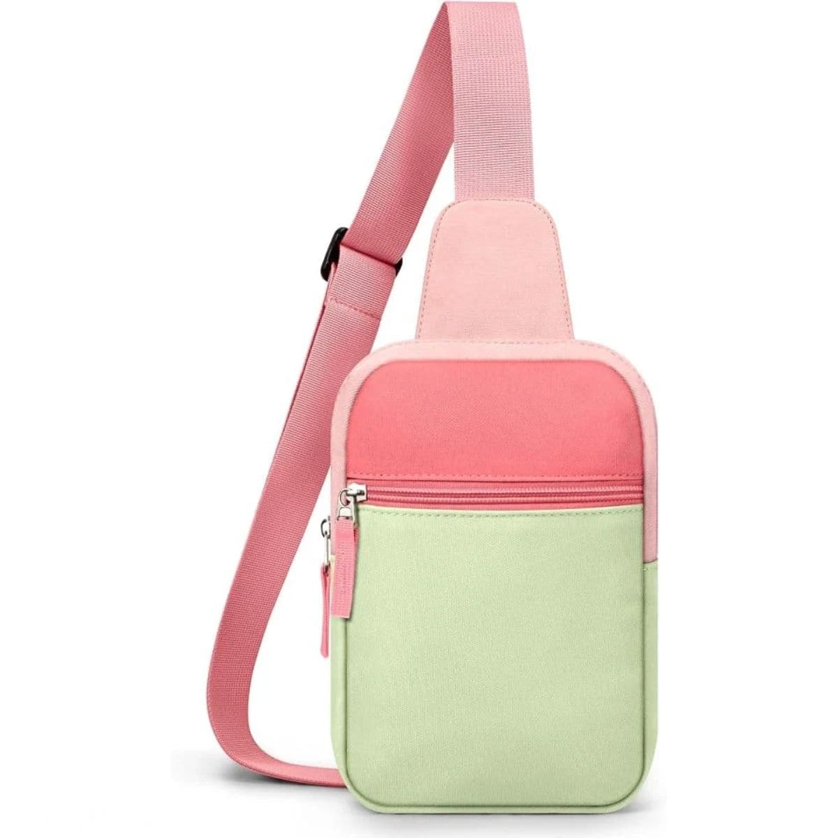 Pink and mint green crossbody sling bag with an adjustable shoulder strap, front zippered pocket, and silver zipper hardware.