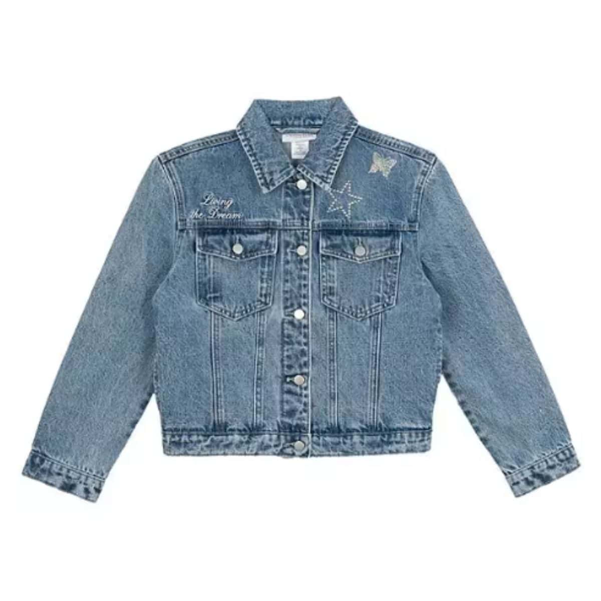 Light blue denim jacket with button closure, chest pockets, and embroidered star, butterfly, and 